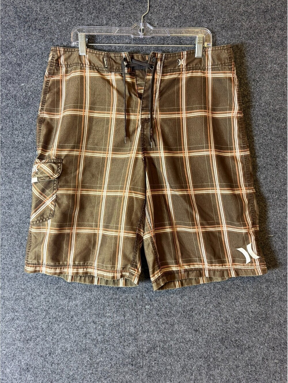Vintage Hurley Men's Brown Plaid Board Shorts Swim Trunks Cargo Pocket Size 34
